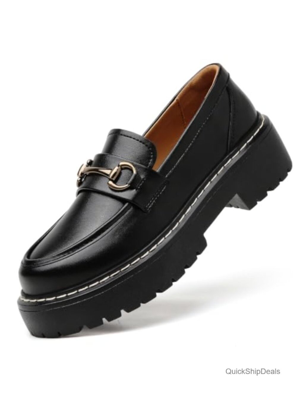 Chunky Platform Penny Loafers Women Black Leather Non Slip Comfort Shoes
